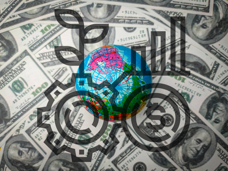 Earth globe with business icon on a banknotes background.