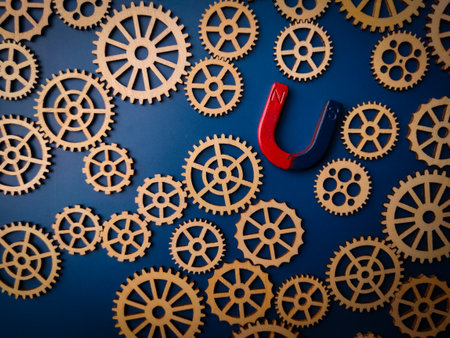 Wooden gear attracts by magnet on a blue background. Business workflow concept.の写真素材