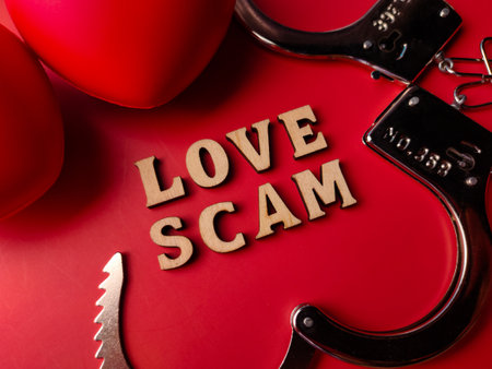 Closeup metal handcuff and red heart shaped with text LOVE SCAM on a red background.の写真素材