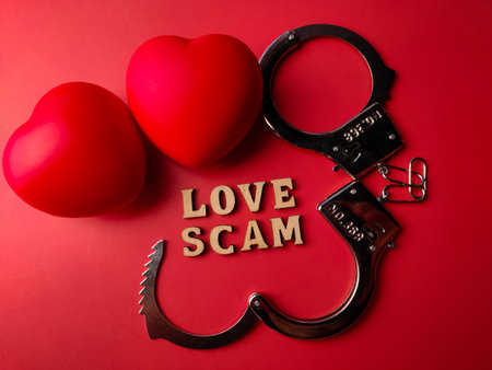 Top view metal handcuff and red heart shaped with text LOVE SCAM on a red background.の写真素材