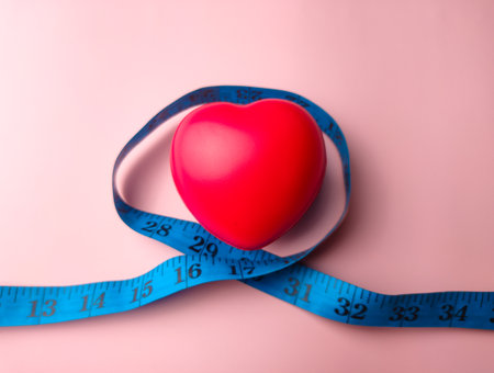 Closeup measuring tape with heart shape on a pink background. Medical and health concept.の写真素材