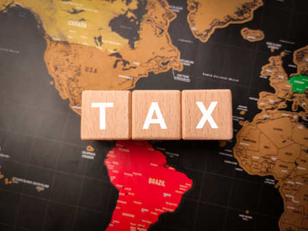 Top view wooden block with the word TAX on a world map background.の写真素材