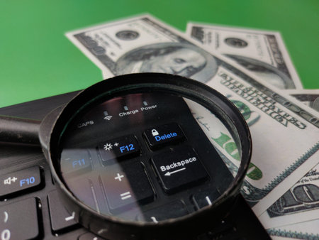 Closeup magnifying glass, banknote and keyboard business online concept.