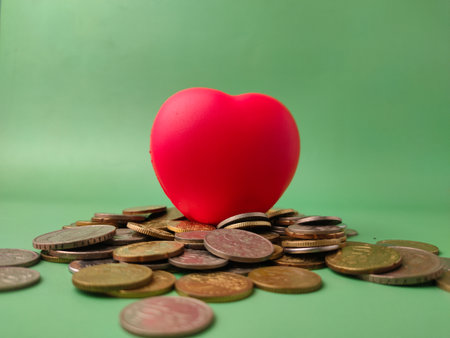 The image shows a red heart placed on a pile of coins.の写真素材