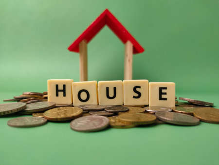 The image shows the word HOUSE surrounded by a pile of coins. This is a common visual representation for the financial concept of buying a house.の写真素材