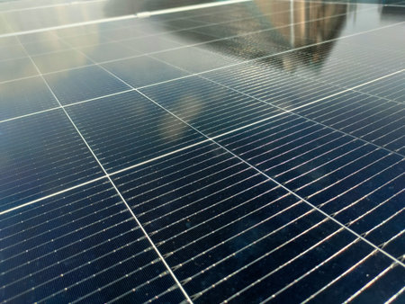 The image displays an array ofÂ solar panels, also known as photovoltaic (PV) panels.