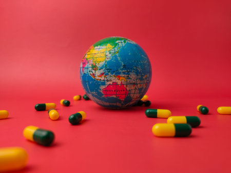 A miniature globe is depicted surrounded by medicine capsules on a red background.