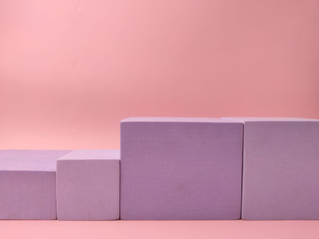 This image features pastel purple podiums set against a soft pink background.