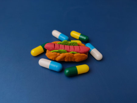 Colorful plastic capsule-shaped items surrounding a toy hot dog in the center.