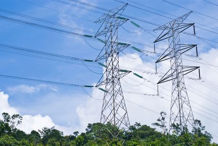 A picture of electrical power transsmission lines that transfer electricity generate in the power station to the main intake. Photo taken on September 24th, 2009.&#8232;の写真素材