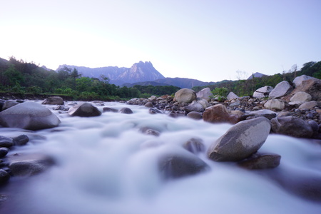 Beautiful view River with Mount Kinabalu, the highest peak in the Malay Archipelago, Borneo, East Malaysiaの写真素材