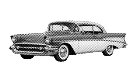Vintage american car in halftone dot pattern style. Retro automobile graphic design. Monochrome...