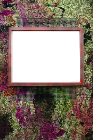 grungy mosaic wall with blank display, paint splatters, free copy and picture space