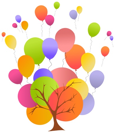 birthday illustration with balloons and a treeのイラスト素材
