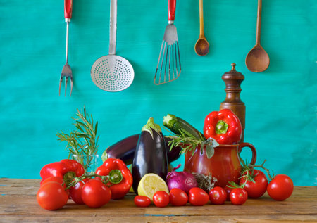 various vegetables and kitchen utensilsの写真素材