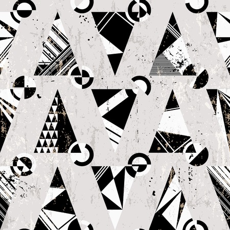 seamless pattern background, with triangles, circles, strokes and splashes, black and whiteのイラスト素材