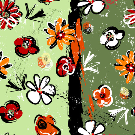 abstract background composition, with paint strokes, splashes and flowers, seamlessのイラスト素材