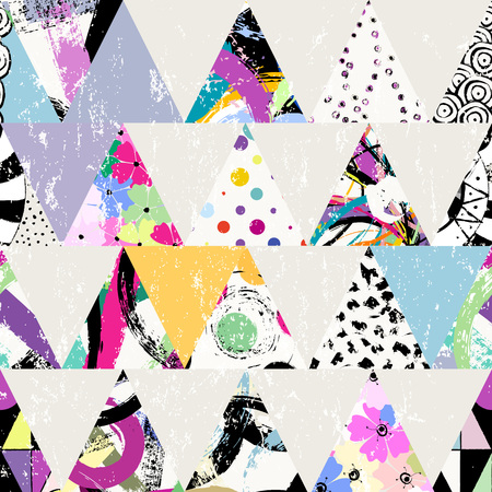 Seamless geometric background pattern, with triangles, flowers, circles, paint strokes and splashesのイラスト素材