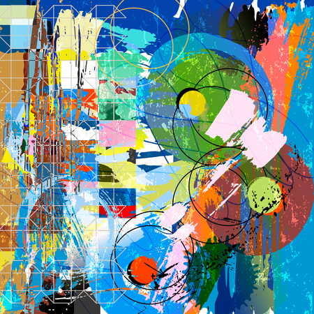 Abstract background composition, with circles, paint strokes, splashes and geometric linesのイラスト素材