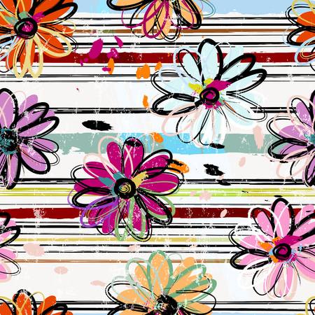 floral seamless pattern background, with stripes, paint strokes and splashesのイラスト素材