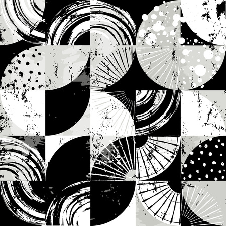 abstract background pattern, with circles/dots, squares, strokes and splashes, black and whiteのイラスト素材