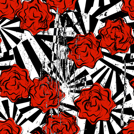 abstract background composition, with paint strokes, splashes and floral ornament, seamless, on black and whiteのイラスト素材