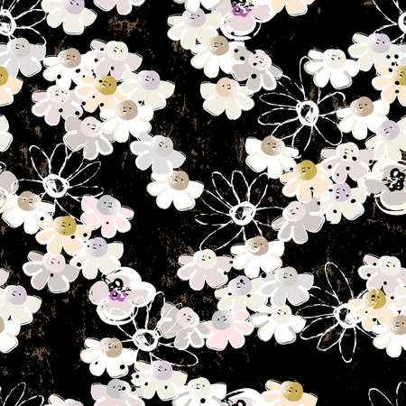 floral seamless pattern background, with little flowers, paint strokes and splashes, on blackのイラスト素材