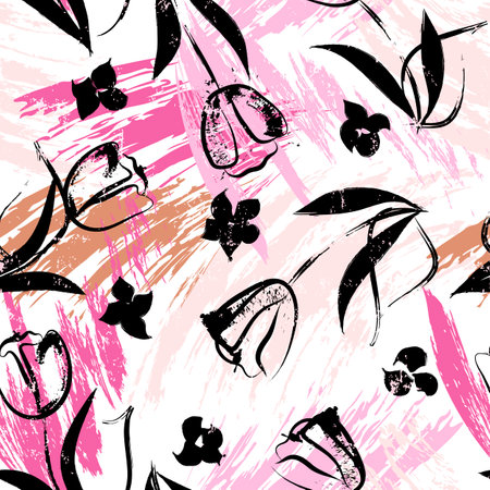 floral seamless background pattern, with paint strokes and splashesのイラスト素材