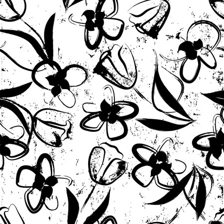 floral seamless background pattern, with paint strokes and splashes, black and whiteのイラスト素材