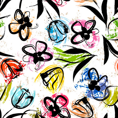 floral seamless background pattern, with paint strokes and splashes, colorfulのイラスト素材