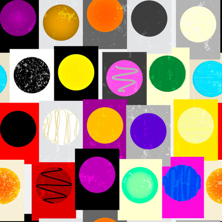 seamless geometric pattern background, with circles, squares, paint strokes and splashes, art inspiredのイラスト素材
