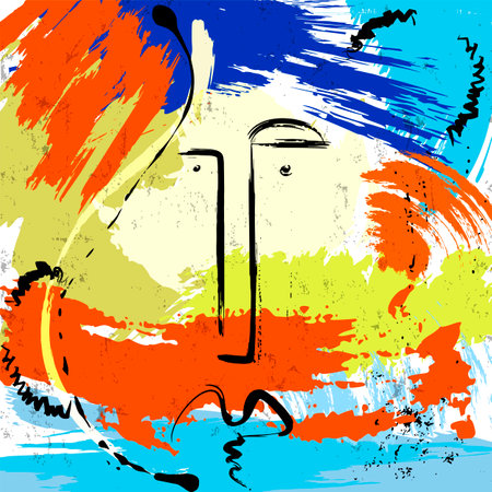 retro face illustration, modern art style, with paint strokes and splashesのイラスト素材