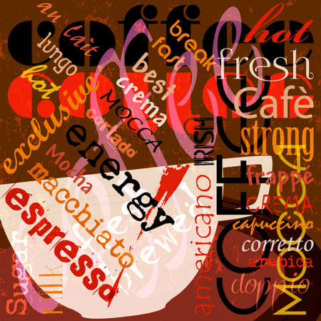 abstract coffee background, design template with word, letter, paint strokes and splashesのイラスト素材