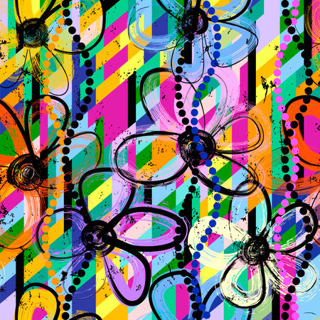 abstract background composition with flowers, stripes, paint strokes and splashesのイラスト素材