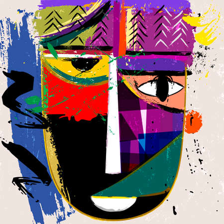 abstract face or mask, with paint strokes and splashes, african inspiredのイラスト素材