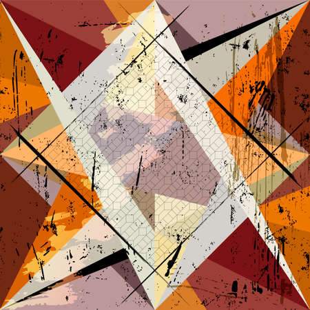 abstract geometric background pattern, with triangles, squares, paint strokes and splashesのイラスト素材