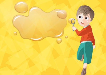 Boy holding magnifying glass and speech bubble on yellow background vector illustrationの写真素材