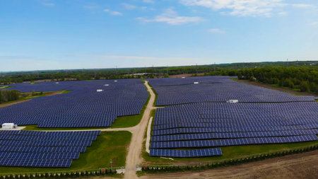 aerial view of solar panels on a sunny day. power farm producing clean energy