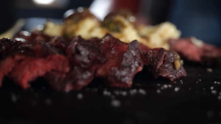 steaks on shot with selective focus Juicy medium Beefの写真素材