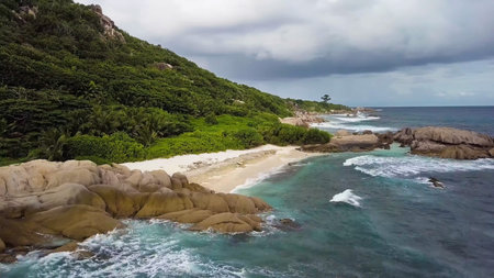 Seychelles beach aerial view of Praslin Island Anse Lazio beach
