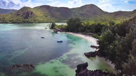 Seychelles beach aerial view of Praslin Island Anse Lazio beach