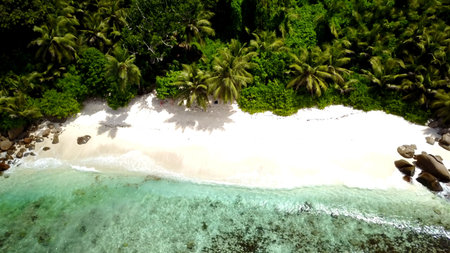 Seychelles beach aerial view of Praslin Island Anse Lazio beach