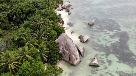 Seychelles beach aerial view of Praslin Island Anse Lazio beach