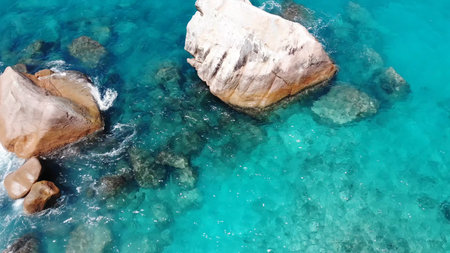 Seychelles beach aerial view of Praslin Island Anse Lazio beach