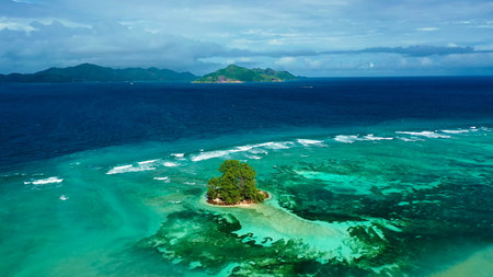 Seychelles beach aerial view of Praslin Island Anse Lazio beach