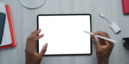 using digital touchscreen tablet with stylus pen and smart keyboardのeditorial素材