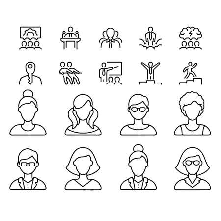 Simple Set of Business People Related Vector Line Icons. Contains such Icons as One-on-One Meeting, Workplace, Business Communicationのイラスト素材
