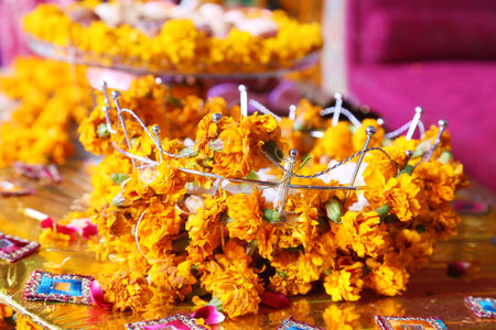 Indian wedding decoration which is made of a bucket making for Marigold