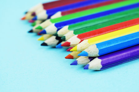 Colorful flat lay background with craft supplies School color pencils back to school (61)