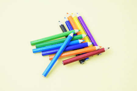 Colorful flat lay background with craft supplies School color pencils back to school (61)
